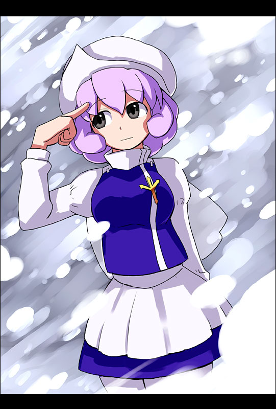hirosato, letty whiterock, touhou, 1girl, female focus, letterboxed, outdoors, purple hair, snow, snowing, solo, standing