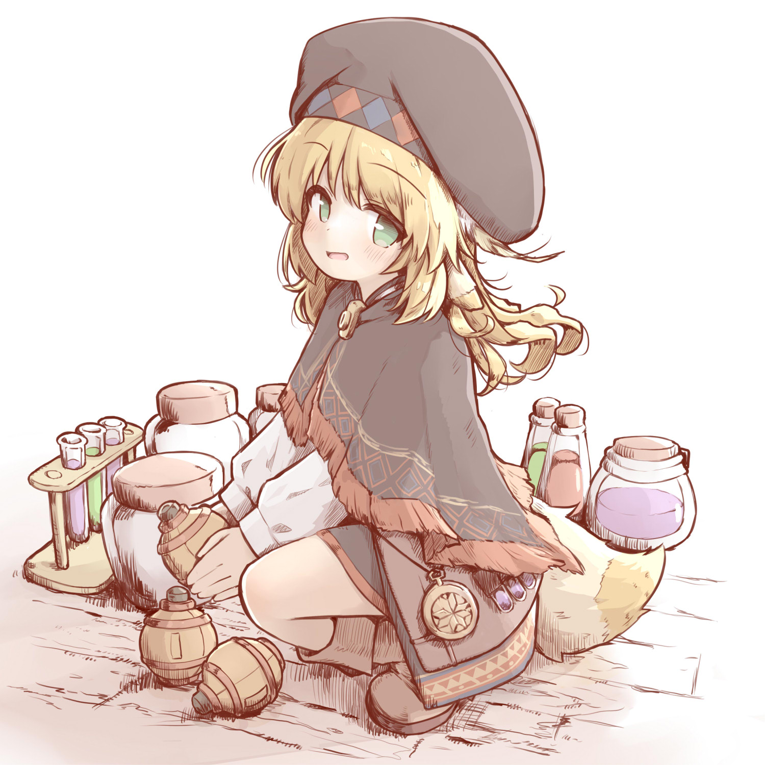 kareya, original, commentary, highres, 1girl, black capelet, black hat, blonde hair, brown shoes, capelet, green eyes, hat, long hair, long sleeves, looking at viewer, open mouth, shirt, shoes, sitting, solo, squatting, white shirt