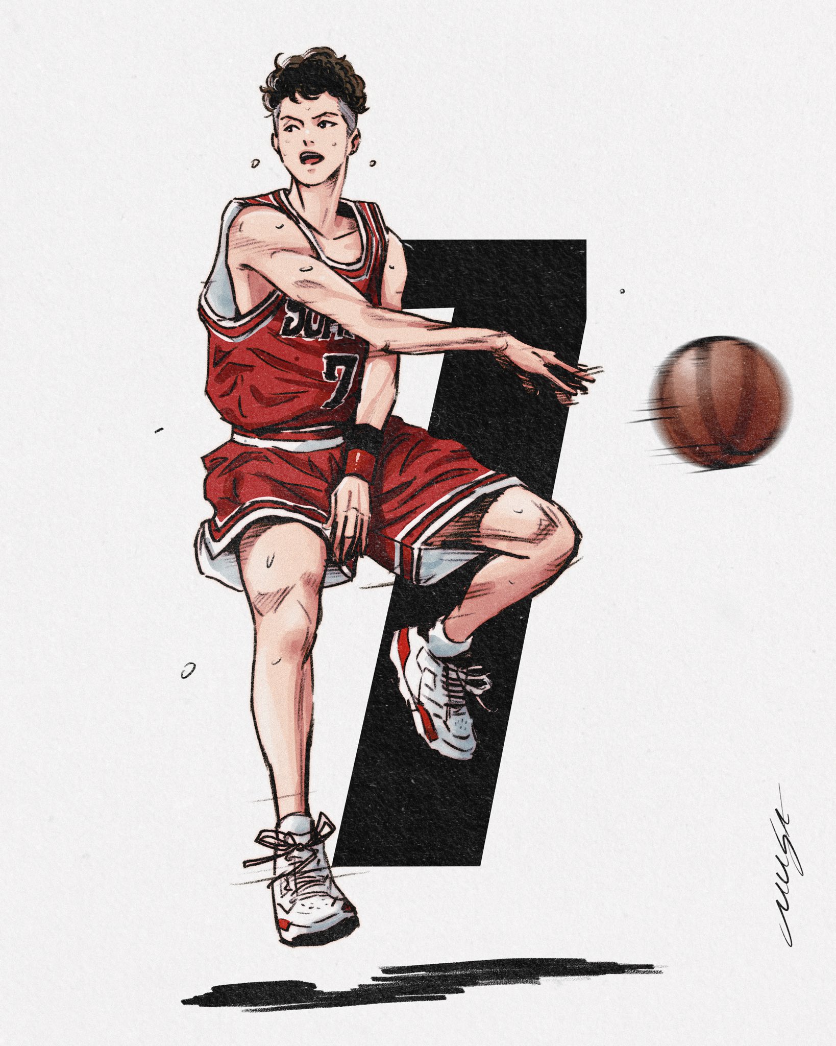 musa (musa draws), miyagi ryouta, slam dunk (series), highres, 1boy, ball, bare shoulders, basketball, basketball (object), basketball jersey, basketball uniform, brown hair, full body, male focus, motion blur, open mouth, red shorts, red tank top, shoes, short hair, shorts, signature, sneakers, solo, sportswear, sweat, tank top, undercut, white background, white shoes
