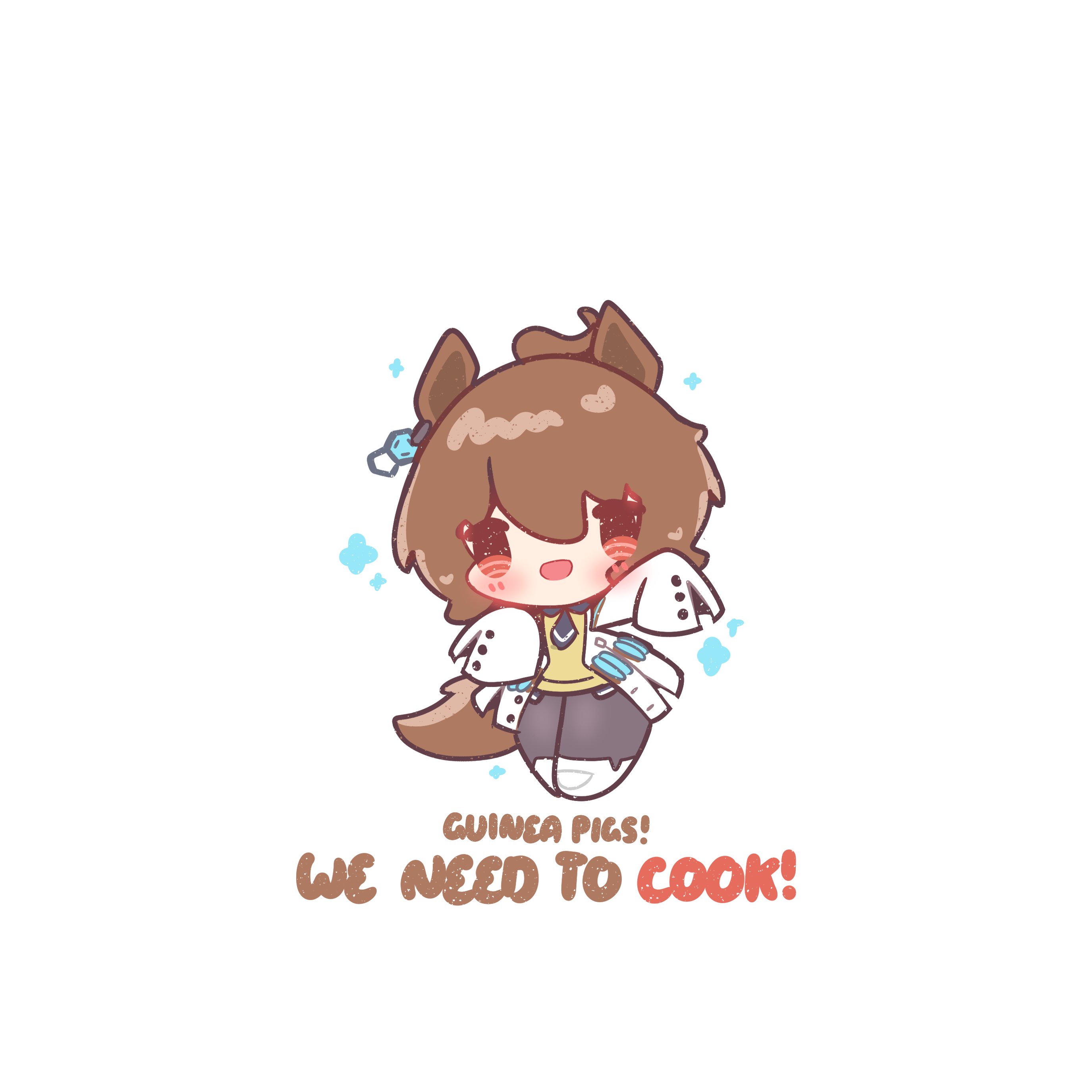 decrilus, agnes tachyon (tach-nology) (umamusume), agnes tachyon (umamusume), umamusume, absurdres, commentary, english commentary, highres, 1girl, ahoge, animal ears, black necktie, blush, brown hair, chibi, coat, earrings, english text, hair between eyes, horse ears, horse girl, horse tail, huge ahoge, jewelry, lab coat, long sleeves, looking at viewer, necktie, open mouth, pantyhose, red eyes, shirt, short hair, short necktie, single earring, sleeves past fingers, sleeves past wrists, smile, solo, sweater, sweater vest, tail, test tube, white coat, yellow sweater, yellow sweater vest