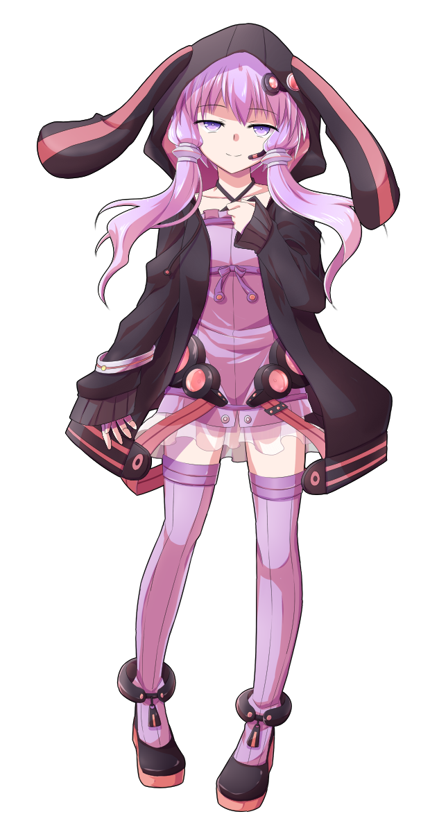 dairi, yuzuki yukari, voiceroid, commentary request, highres, large variant set, variant set, 1girl, animal ear hood, black boots, black jacket, boots, breasts, chest ribbon, closed mouth, collarbone, dress, fake animal ears, full body, groin, hair between eyes, hair tubes, half-closed eyes, hand up, headset, hood, hood up, hooded jacket, jacket, light smile, looking at viewer, microdress, pinstripe thighhighs, purple dress, purple eyes, purple ribbon, purple thighhighs, ribbon, simple background, sleeves past wrists, small breasts, solo, standing, straight-on, tachi-e, thighhighs, transparent background, zettai ryouiki