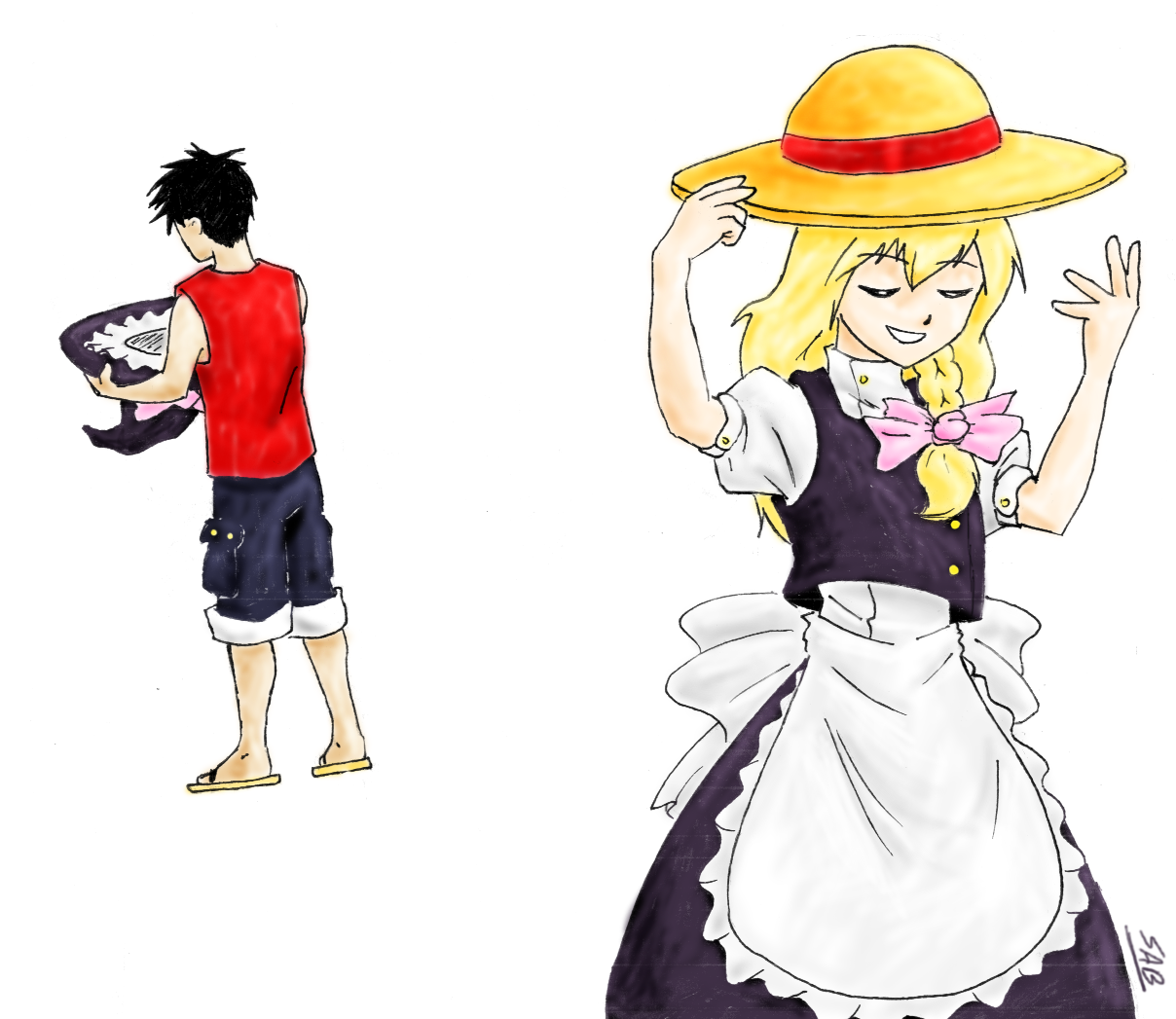 sab-chan, kirisame marisa, monkey d. luffy, one piece, touhou, 1boy, 1girl, crossover, hat