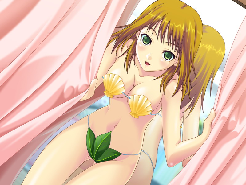 murakami suigun, kasuga yoko, kasuga youko, nettai teikiatsu shoujo, game cg, 1girl, bikini, blonde hair, blush, breasts, cleavage, female focus, fig leaf, green eyes, large breasts, leaf, mirror, reflection, seashell, shell, shell bikini, smile, solo, swimsuit, tongue, yellow bikini