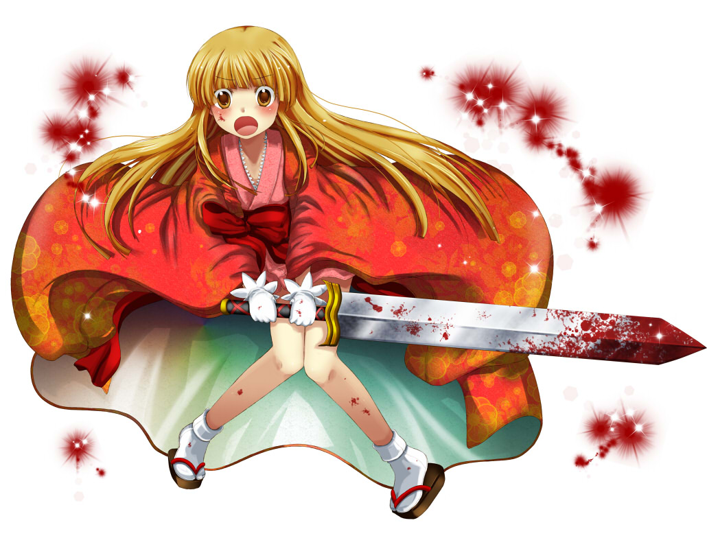 urute, suzuhime, samurai spirits, snk, 1girl, blonde hair, blood, brown eyes, female focus, japanese clothes, kimono, long hair, ribbon, solo, sword, weapon
