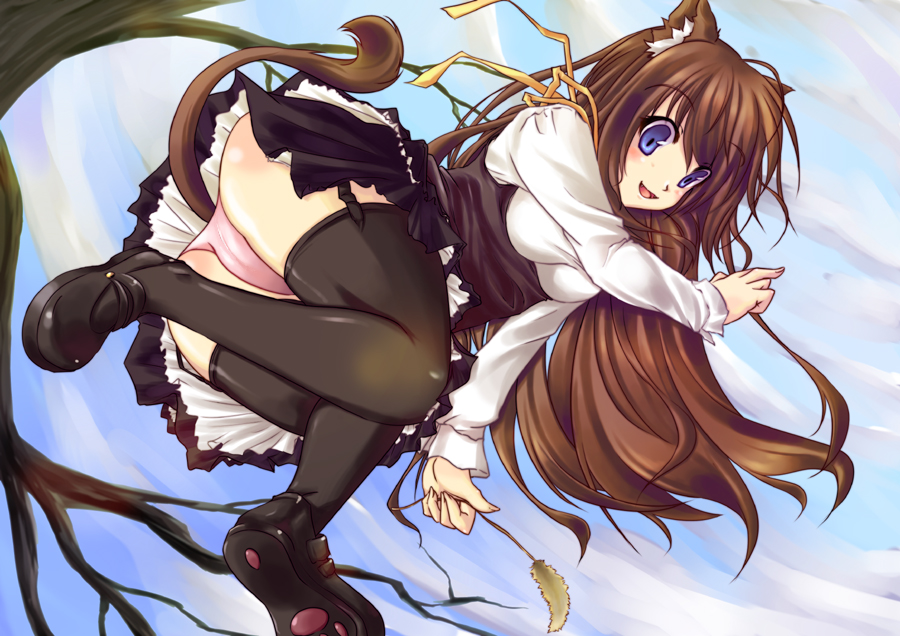 amano chiharu, chiharu (pixiv), bad id, bad pixiv id, animal ears, black thighhighs, brown hair, cat ears, cat girl, cat tail, garter straps, long hair, panties, ribbon, skirt, solo, tail, thighhighs, thighs, underwear, very long hair