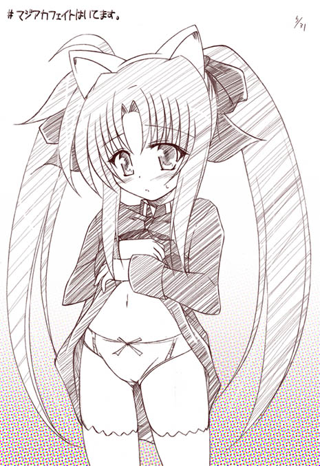 uminchu, fate testarossa, lyrical nanoha, mahou shoujo lyrical nanoha, mahou shoujo lyrical nanoha a's, 00s, monochrome, panties, solo, thighhighs, twintails, underwear