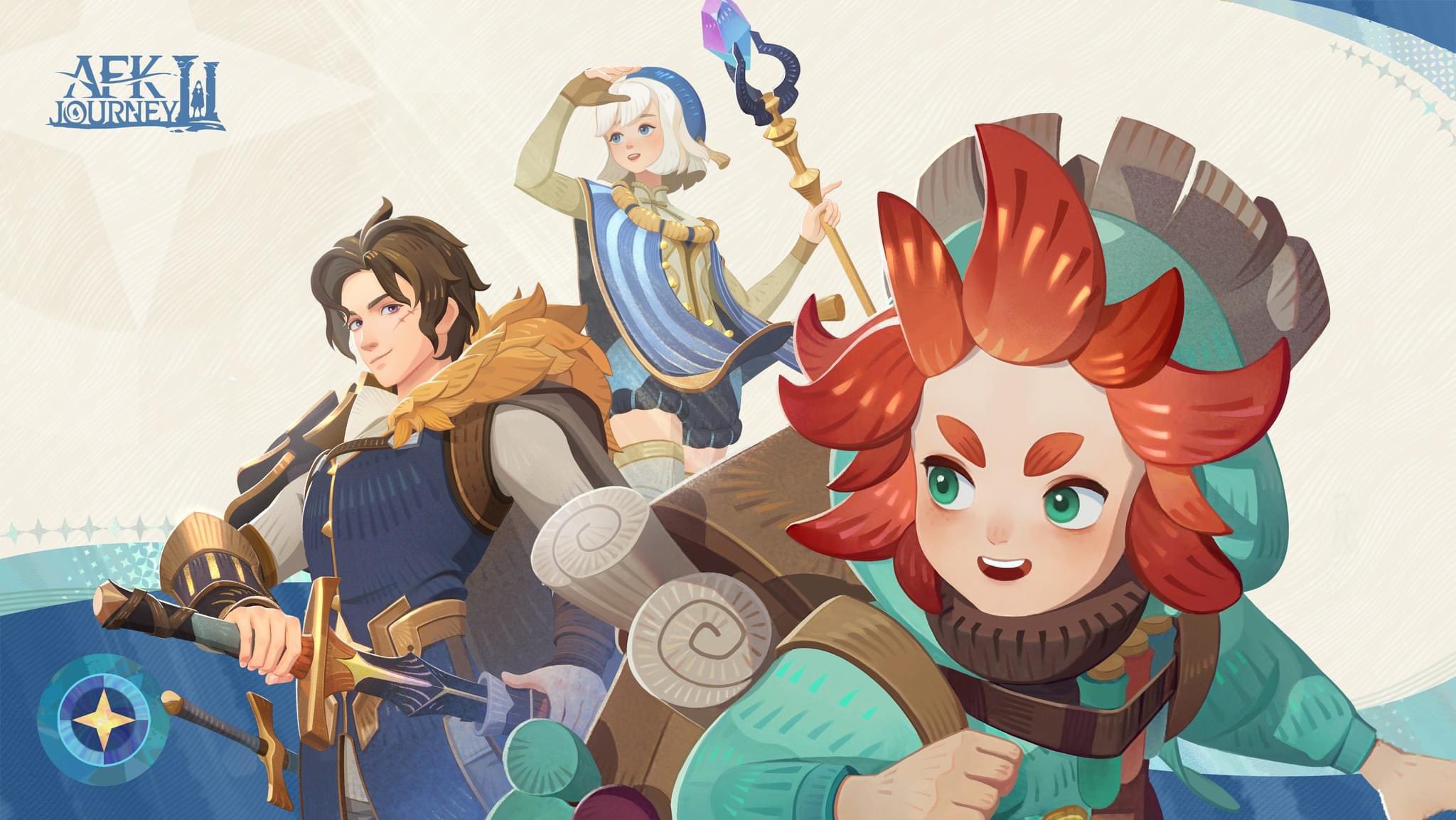 cassadee (afk), valen (afk), afk (series), afk journey, commentary, english commentary, highres, official art, 1girl, 2boys, aqua jacket, armor, backpack, bag, blue cloak, blue eyes, blue hat, blue shorts, border, bow, bowtie, brown bag, brown hair, brown sweater, cape, cloak, closed mouth, copyright logo, crystal, facial scar, fingerless gloves, gloves, green eyes, grey bow, grey bowtie, grey hair, grey shirt, grey thighhighs, hand on hilt, hat, hat tassel, holding, holding staff, holding sword, holding weapon, hood, hood up, hooded jacket, jacket, long sleeves, looking at viewer, looking to the side, mage staff, multiple boys, open mouth, ornate border, purple eyes, red hair, rowan (afk), scar, scar on cheek, scar on face, shading eyes, sheath, sheathed, shirt, short hair, shorts, shoulder armor, smile, spiked hair, staff, standing, striped clothes, sweater, sword, teeth, test tube, thick eyebrows, thighhighs, turtleneck, turtleneck sweater, upper teeth only, v-shaped eyebrows, vertical-striped clothes, weapon, white background, zettai ryouiki