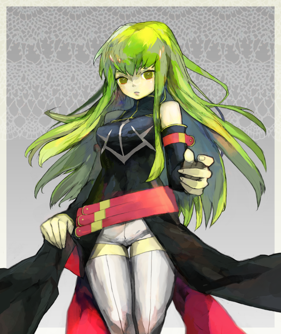 komaki megumi, c.c., code geass, bad id, bad pixiv id, 00s, bare shoulders, detached sleeves, green eyes, green hair, long hair, sleeveless, sleeveless turtleneck, solo, thighhighs, turtleneck