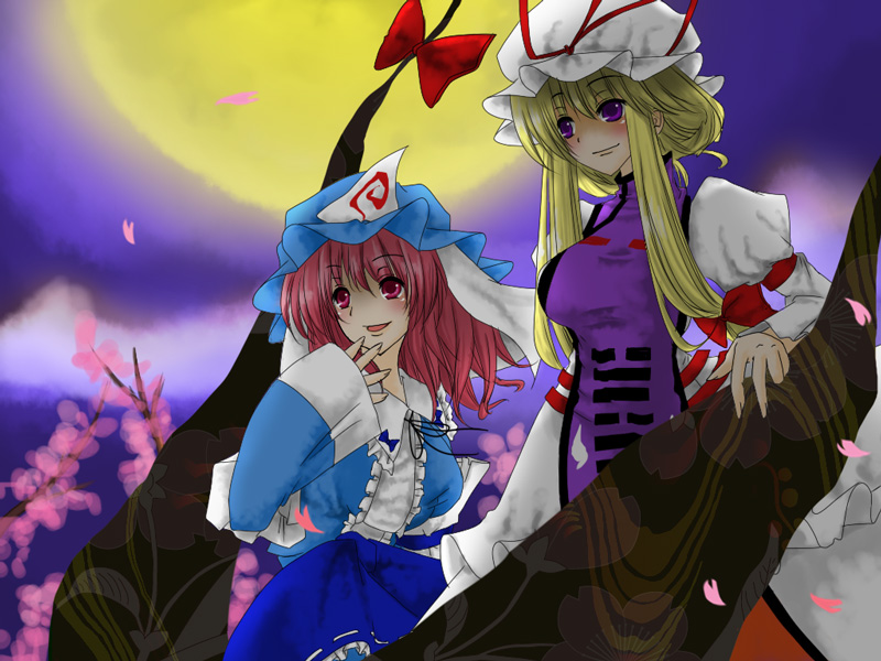 nishino miyuki, saigyouji yuyuko, yakumo yukari, touhou, bad id, bad pixiv id, 2girls, blonde hair, breasts, dress, female focus, gap (touhou), hat, long hair, moon, multiple girls, nature, outdoors, petals, pink hair, plant, ribbon, short hair, sky