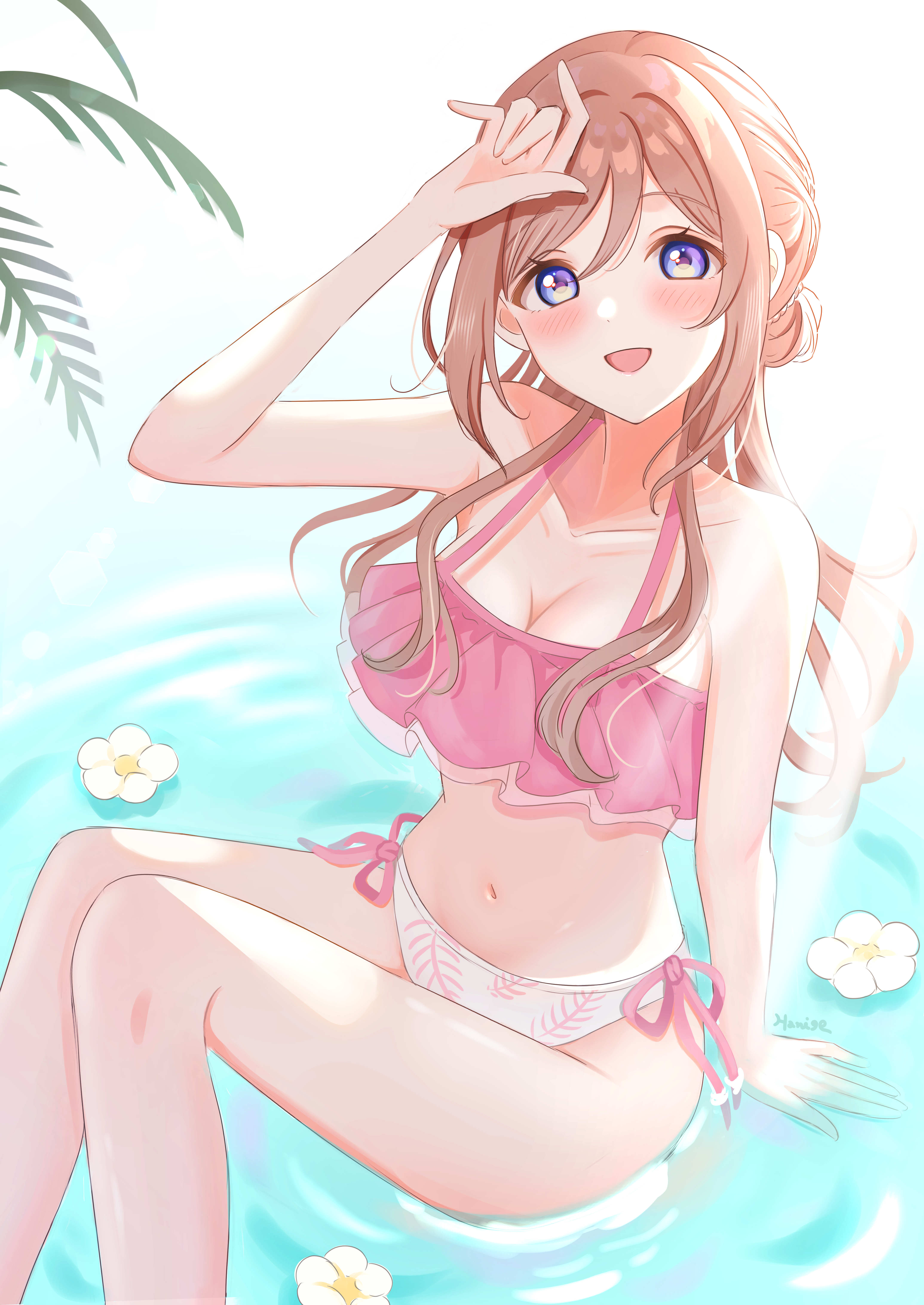 hanilz, himesaki rinami, gakuen idolmaster, idolmaster, absurdres, highres, 1girl, arm at side, arm up, bare arms, bare shoulders, bikini, blush, breasts, brown hair, cleavage, floating flowers, flower, frilled bikini, frills, hair between eyes, hair over breasts, large breasts, long hair, looking up, midriff, navel, open mouth, palm leaf, pink bikini, purple eyes, side-tie bikini bottom, sitting, smile, solo, swimsuit, thighs, water, white flower