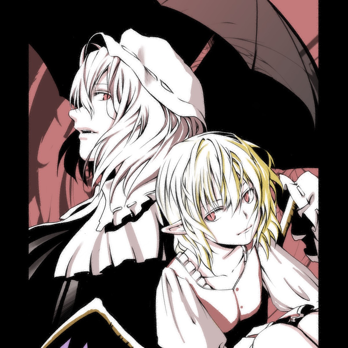 ssi, testament (artist), flandre scarlet, remilia scarlet, touhou, bad id, bad pixiv id, highres, 2girls, blonde hair, fang, female focus, hat, mob cap, multiple girls, pointy ears, ribbon, short hair, siblings, sisters, umbrella, wings