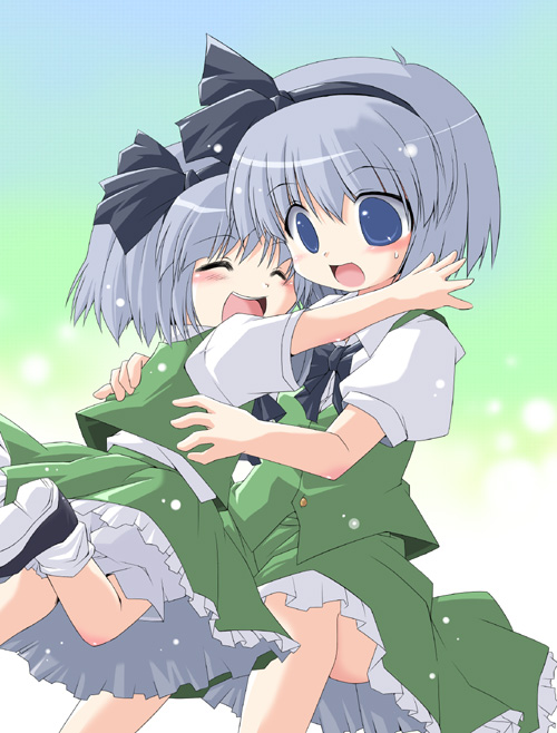 nisu, konpaku youmu, touhou, silver hair, 1girl, aged down, bloomers, blue eyes, chibi, child, closed eyes, dual persona, female focus, gradient background, hairband, multiple views, ribbon, school uniform, serafuku, short hair, time paradox, underwear, white bloomers