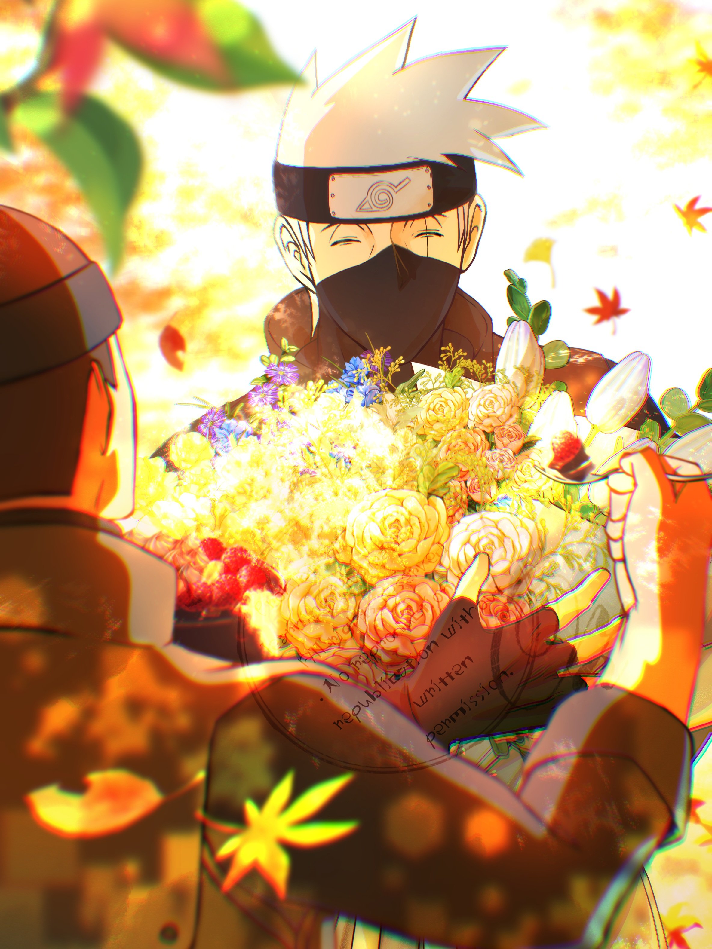 hatake kakashi, umino iruka, naruto (classic), naruto (series), absurdres, highres, 2boys, black gloves, black headband, black mask, black shirt, blurry, blurry foreground, bouquet, brown hair, closed mouth, falling leaves, fingerless gloves, flower, gloves, green vest, grey hair, headband, holding, holding bouquet, holding spoon, leaf, male focus, mask, mouth mask, multiple boys, rose, scar, scar across eye, scar on face, shirt, spoon, t04 skyhigh, tulip, upper body, vest