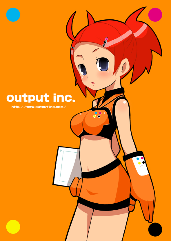 imaizumi teruhiko, tagme, 1girl, female focus, gloves, midriff, red hair, solo