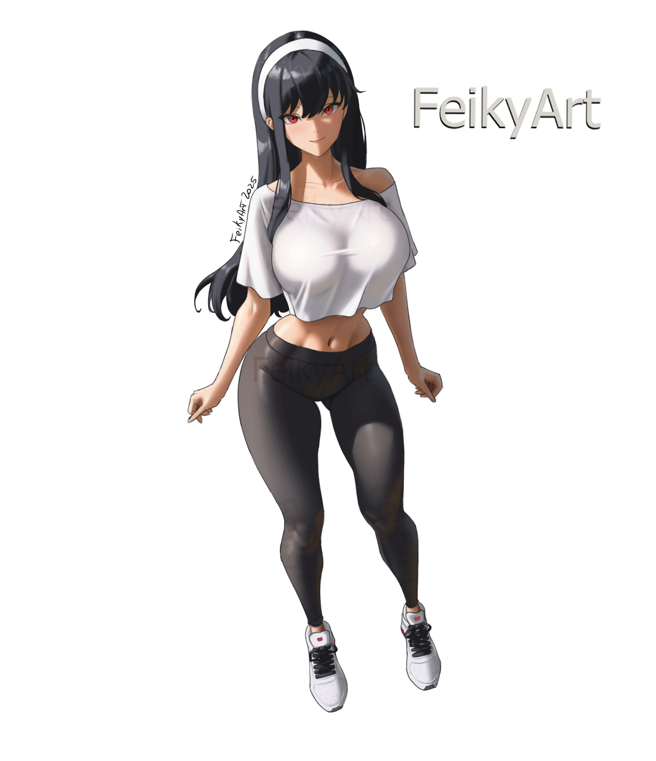 feikyart, yor briar, spy x family, highres, 1girl, artist name, black hair, black pants, breasts, closed mouth, crop top, full body, hairband, large breasts, light smile, long hair, navel, pants, red eyes, shirt, shoes, simple background, solo, standing, white background, white hairband, white shirt, white shoes, yoga pants