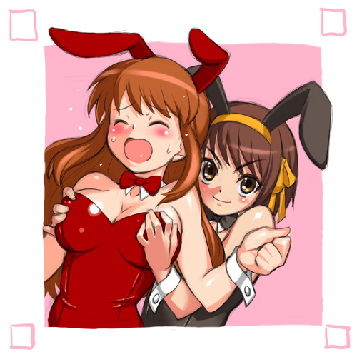 seki suzume, asahina mikuru, suzumiya haruhi, suzumiya haruhi no yuuutsu, lowres, 00s, 2girls, animal ears, blush, breasts, cleavage, detached collar, fake animal ears, grabbing another's breast, groping, large breasts, leotard, molestation, multiple girls, open mouth, playboy bunny, rabbit ears, screaming, smile, sweat, yuri
