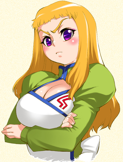seki suzume, haruka armitage, my-otome, eyebrows, 00s, 1girl, angry, blonde hair, blush, breasts, breasts squeezed together, cleavage, crossed arms, female focus, large breasts, long hair, purple eyes, solo