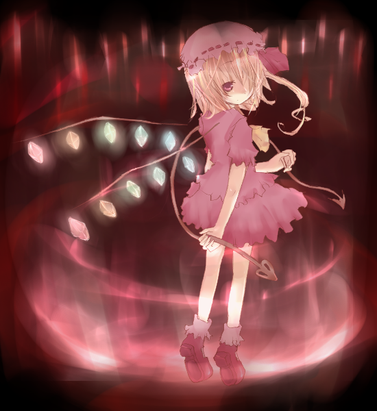 maimu (polka), flandre scarlet, touhou, bad id, bad pixiv id, 1girl, arm behind back, black background, female focus, hat, laevatein, looking back, mob cap, socks, solo, white socks, wings