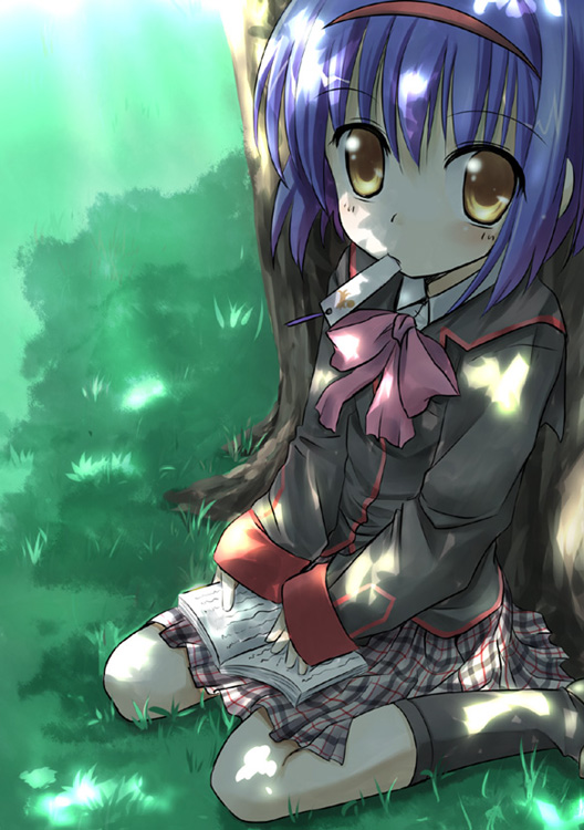 yugi (magical-dreamer), yuugiri (u-slash), nishizono mio, little busters!, plaid, 1girl, against tree, blazer, blue hair, blush, book, bookmark, bow, day, female focus, grass, hairband, jacket, kneehighs, mouth hold, nature, outdoors, pink bow, school uniform, short hair, sitting, skirt, socks, solo, tree, yellow eyes