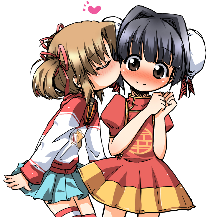 futaru usagi, amatsuka seika, amatsuka yuuna, baby princess, 10s, 2girls, black hair, blush, brown eyes, child, kiss, kodomo doushi, multiple girls, short hair, thighhighs, yuri