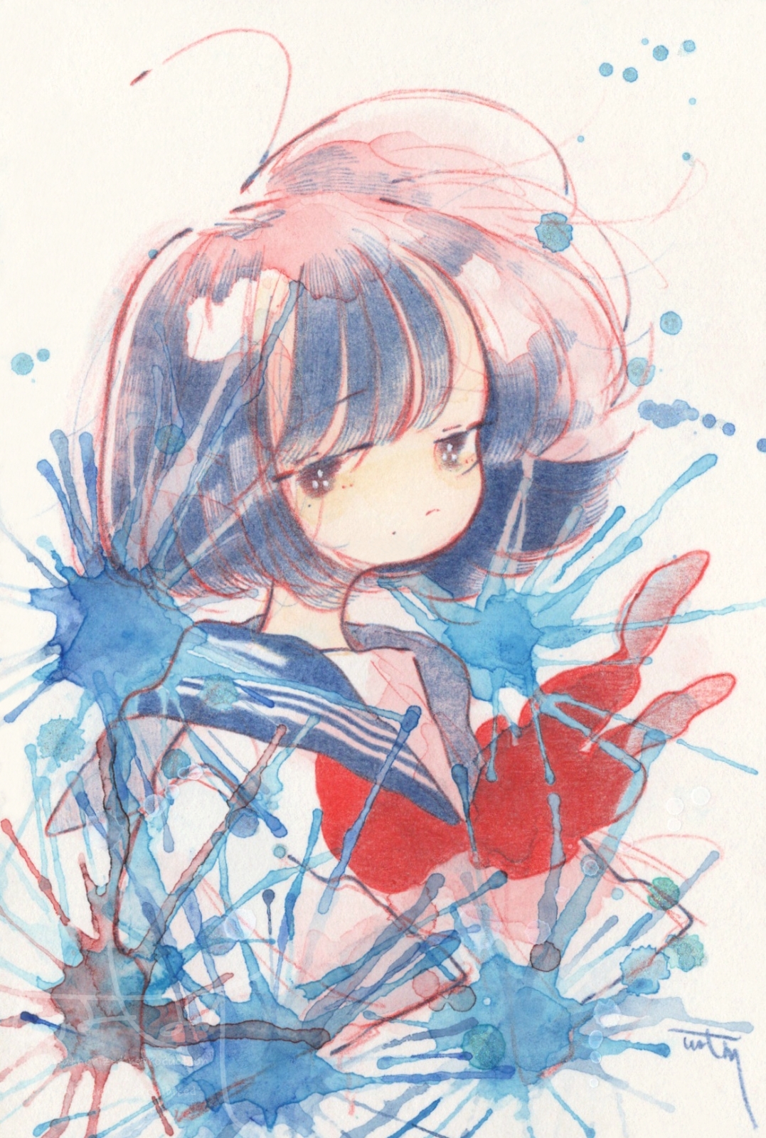 watari (nijimukiokuiro), original, highres, painting (medium), traditional media, watercolor (medium), 1girl, black hair, blue sailor collar, bob cut, closed mouth, looking at viewer, neckerchief, paint splatter, red neckerchief, sailor collar, school uniform, serafuku, shirt, signature, solo, upper body, white background, white shirt