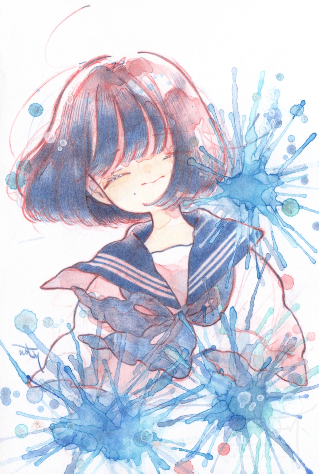 watari (nijimukiokuiro), original, highres, painting (medium), traditional media, watercolor (medium), 1girl, black hair, blue neckerchief, blue sailor collar, bob cut, closed eyes, closed mouth, facing viewer, neckerchief, paint splatter, sailor collar, school uniform, serafuku, shirt, signature, solo, upper body, white background, white shirt