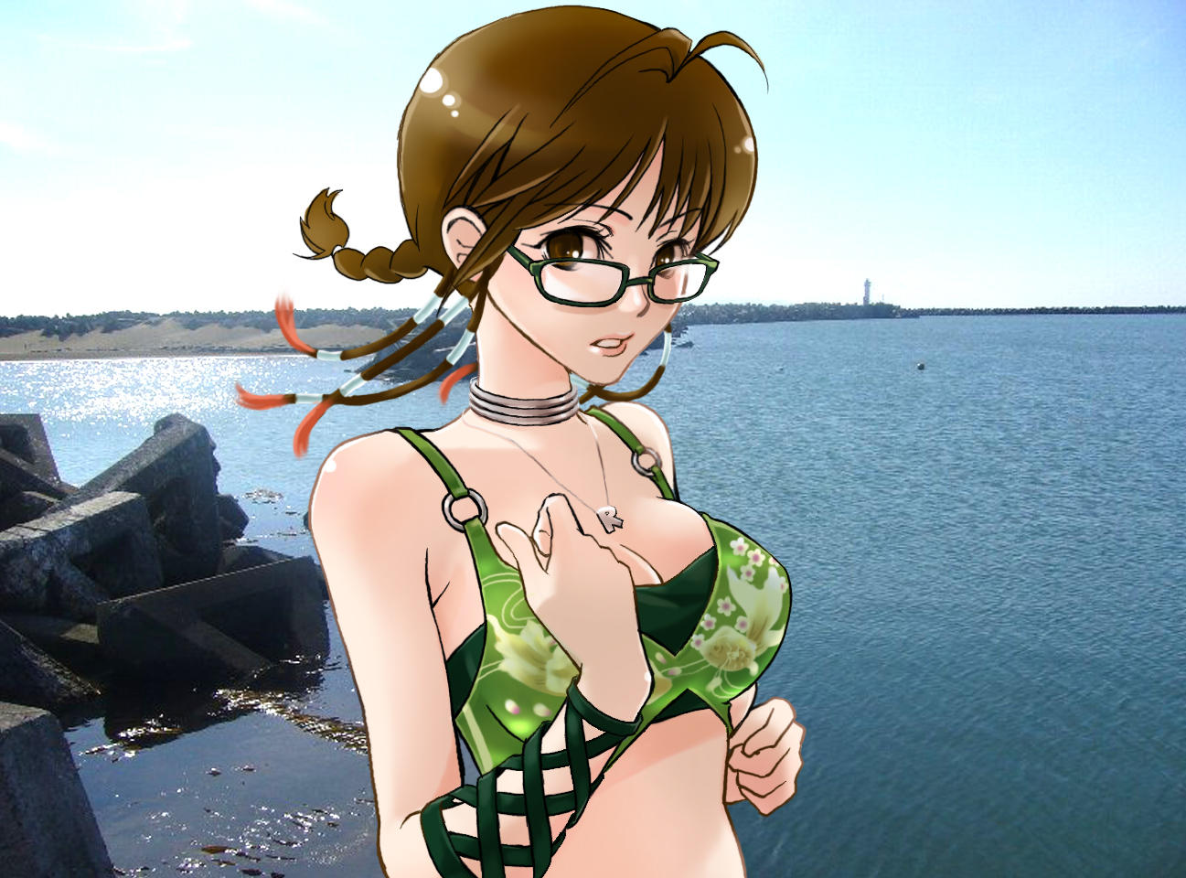 vuipui, akizuki ritsuko, idolmaster, idolmaster (classic), idolmaster 1, 00s, 1girl, braid, choker, cool & sexy (idolmaster), day, female focus, glasses, jewelry, midriff, necklace, ocean, outdoors, sky, solo