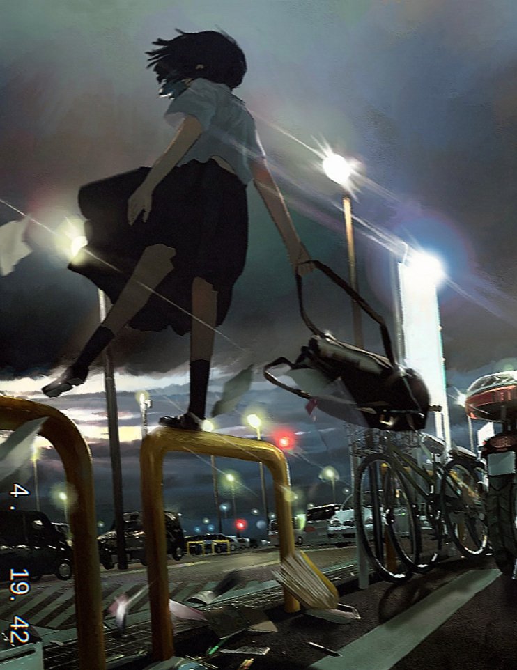 utwob0, original, 1girl, bag, balancing, bicycle, bicycle basket, black hair, black skirt, black socks, car, cloud, cloudy sky, flying paper, from behind, from below, holding, kneehighs, lamppost, motor vehicle, night, outdoors, paper, road, scenery, school uniform, shirt, shoes, short hair, short sleeves, skirt, sky, socks, solo, standing, vhs artifacts, white shirt, wind