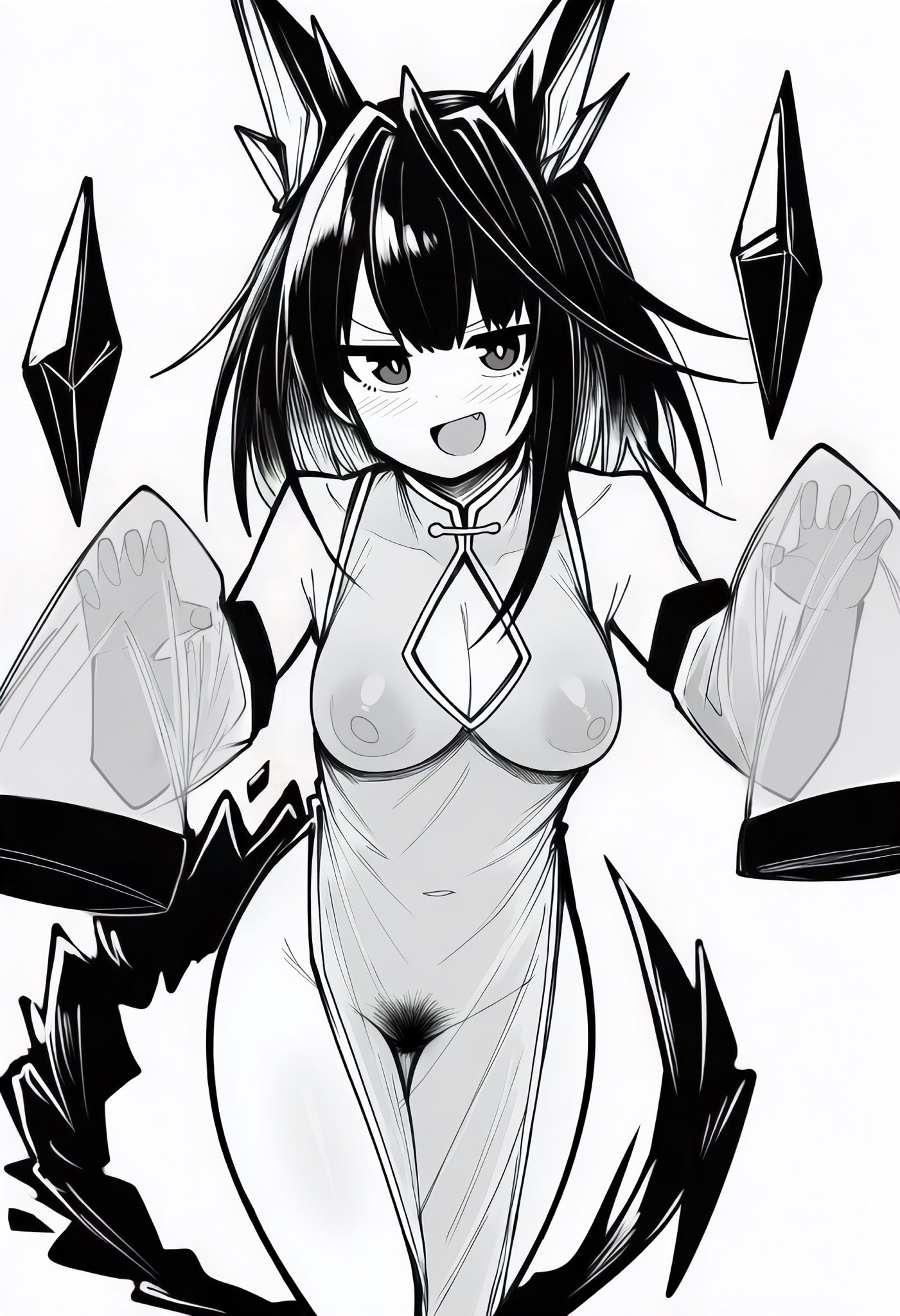 makigirisu, mon3tr (arknights), arknights, naked dress, commentary request, highres, 1girl, :d, ahoge, alternate costume, bare shoulders, blush, breasts, china dress, chinese clothes, claw pose, cleavage, cleavage cutout, clothing cutout, collarbone, cowboy shot, crystal, detached sleeves, dot nose, dress, fang, female pubic hair, greyscale, groin, hands up, huge ahoge, looking at viewer, medium breasts, medium hair, monochrome, navel, nipples, open mouth, pelvic curtain, pubic hair, see-through clothes, see-through dress, side slit, simple background, sleeveless, sleeveless dress, smile, solo, standing, tail, thigh gap, white background
