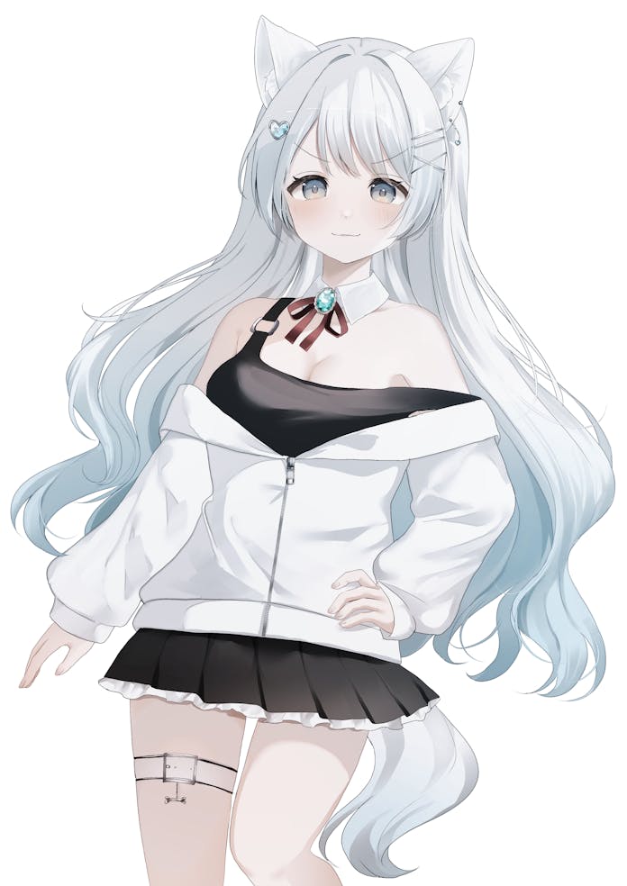 tsuruse, indie virtual youtuber, commentary request, commission, skeb commission, textless version, 1girl, animal ear fluff, animal ears, aqua brooch, aqua gemstone, belt, black skirt, breasts, brooch, cleavage, closed mouth, detached collar, gem, green eyes, grey hair, grey tail, hair ornament, hairclip, hand on own hip, heart, heart hair ornament, jacket, jewelry, long hair, long sleeves, looking at viewer, medium breasts, mizuki neiro, neck ribbon, red ribbon, ribbon, simple background, single off shoulder, skirt, smile, solo, swept bangs, thigh belt, thigh strap, virtual youtuber, white background, white belt, white jacket