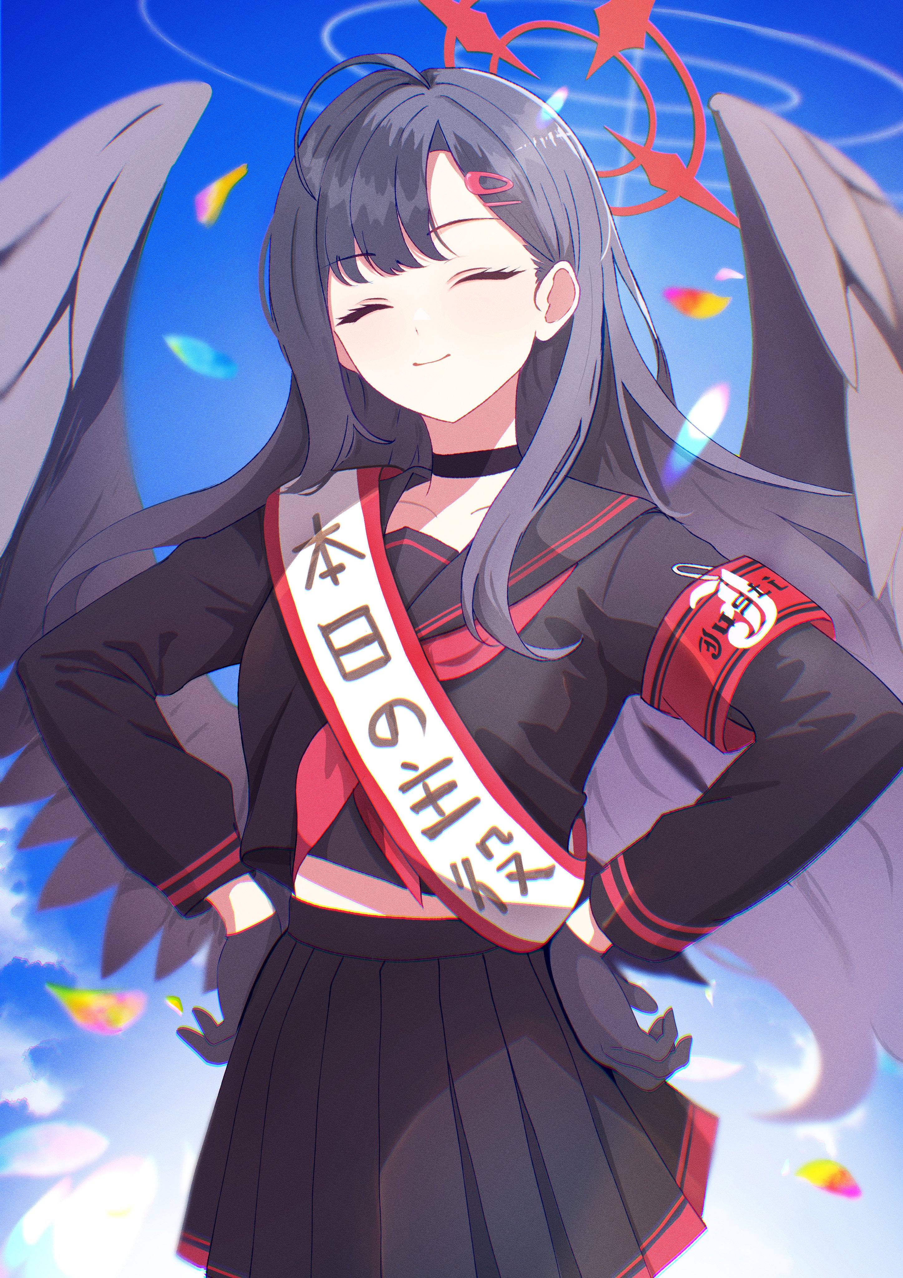 himmel gewalt, ichika (blue archive), blue archive, absurdres, commentary request, highres, translation request, 1girl, ^ ^, ahoge, armband, black choker, black gloves, black hair, black sailor collar, black serafuku, black shirt, black skirt, black wings, blue sky, blunt bangs, choker, closed eyes, closed mouth, day, eyelashes, facing viewer, feathered wings, film grain, floating hair, gloves, hair behind ear, hair ornament, hairclip, halo, hands on own hips, long hair, long sleeves, low wings, midriff, miniskirt, neckerchief, outdoors, parallel hairclips, pleated skirt, red armband, red halo, red neckerchief, sailor collar, school uniform, serafuku, shirt, sidelocks, skirt, sky, smile, smug, solo, straight hair, very long hair, wings