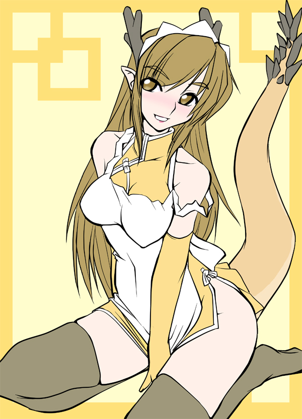 ruriwo (ruriwo1894), kouryuu (nijiura maids), futaba channel, nijiura maids, os-tan, bad id, bad pixiv id, 1girl, apron, bare shoulders, blush, breasts, brown eyes, brown hair, china dress, chinese clothes, clothes tug, dragon girl, dragon horns, dragon tail, dress, elbow gloves, female focus, gloves, horns, large breasts, long hair, looking at viewer, maid apron, maid headdress, medium breasts, microdress, monster girl, no shoes, pointy ears, side slit, simple background, sitting, smile, solo, strap slip, tail, thighhighs, wariza, white apron, yellow background