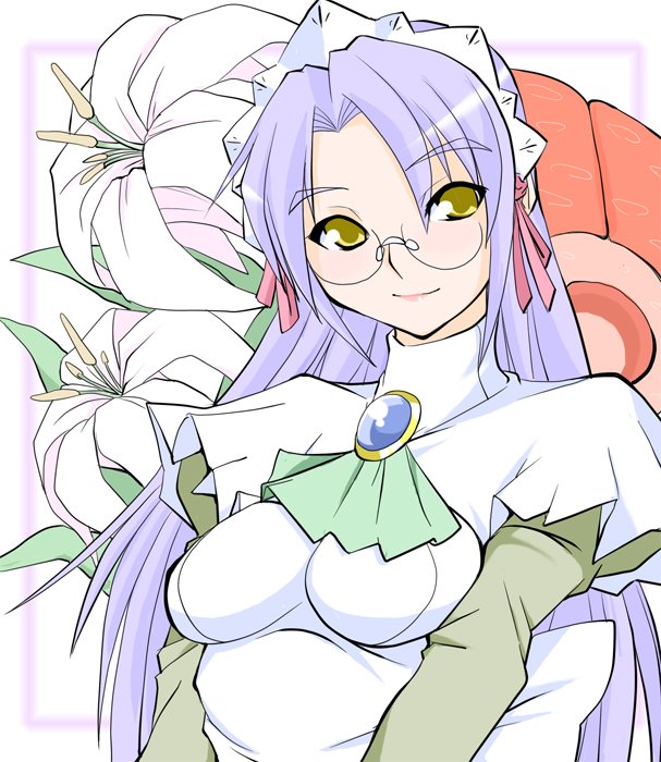 ruriwo (ruriwo1894), kiri-san, futaba channel, nijiura maids, light purple hair, bad id, bad pixiv id, 1girl, blue hair, female focus, flower, glasses, hair ribbon, lily (flower), long hair, maid, maid headdress, ribbon, smile, solo, yellow eyes