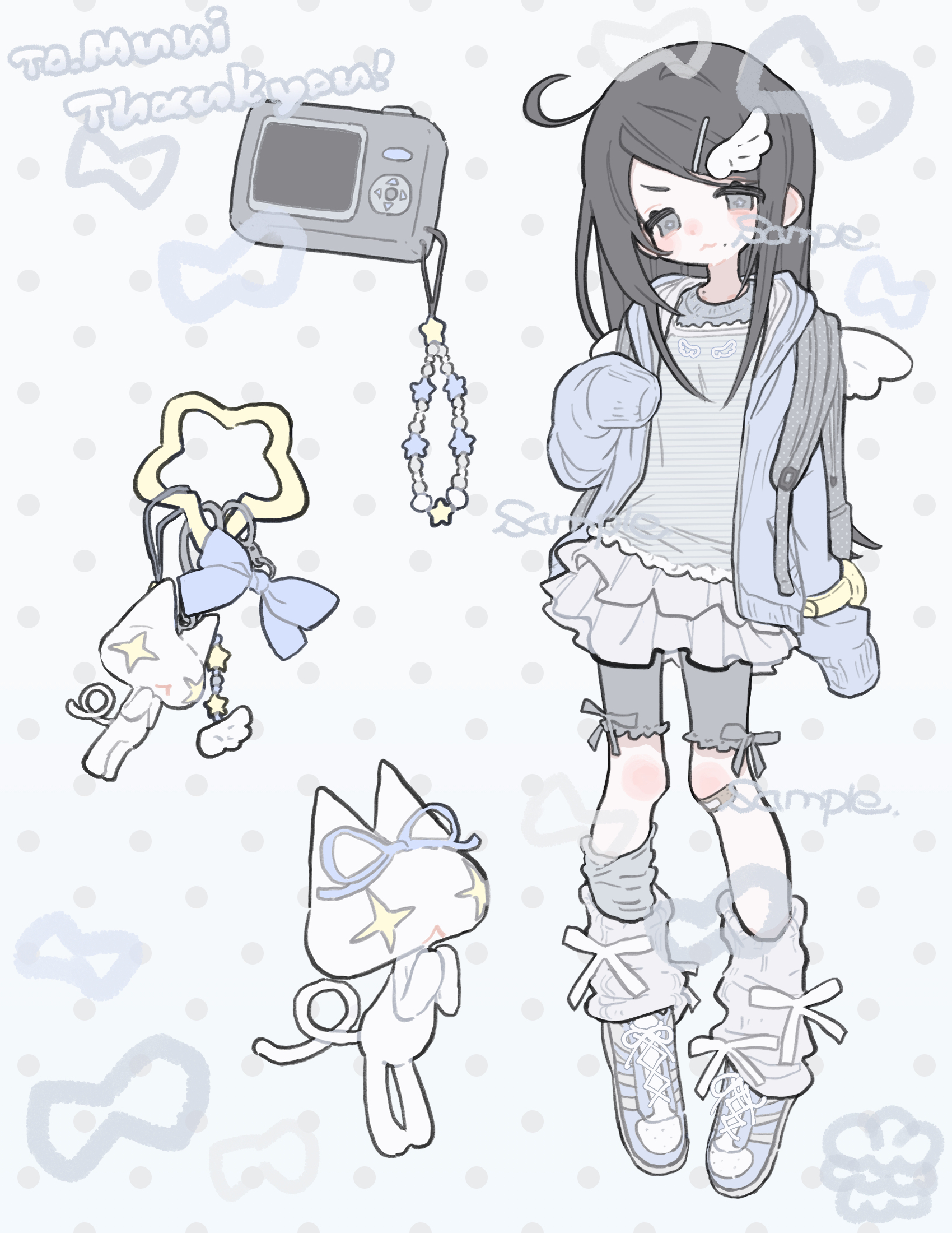 am314, original, commission, highres, skeb commission, 1girl, black hair, camera, cat, charm (object), full body, hair ornament, jacket, leg warmers, long hair, long sleeves, looking at viewer, miniskirt, open clothes, open jacket, sample watermark, single loose sock, skirt, sleeves past fingers, sleeves past wrists, solo, watermark, white leg warmers, wing hair ornament