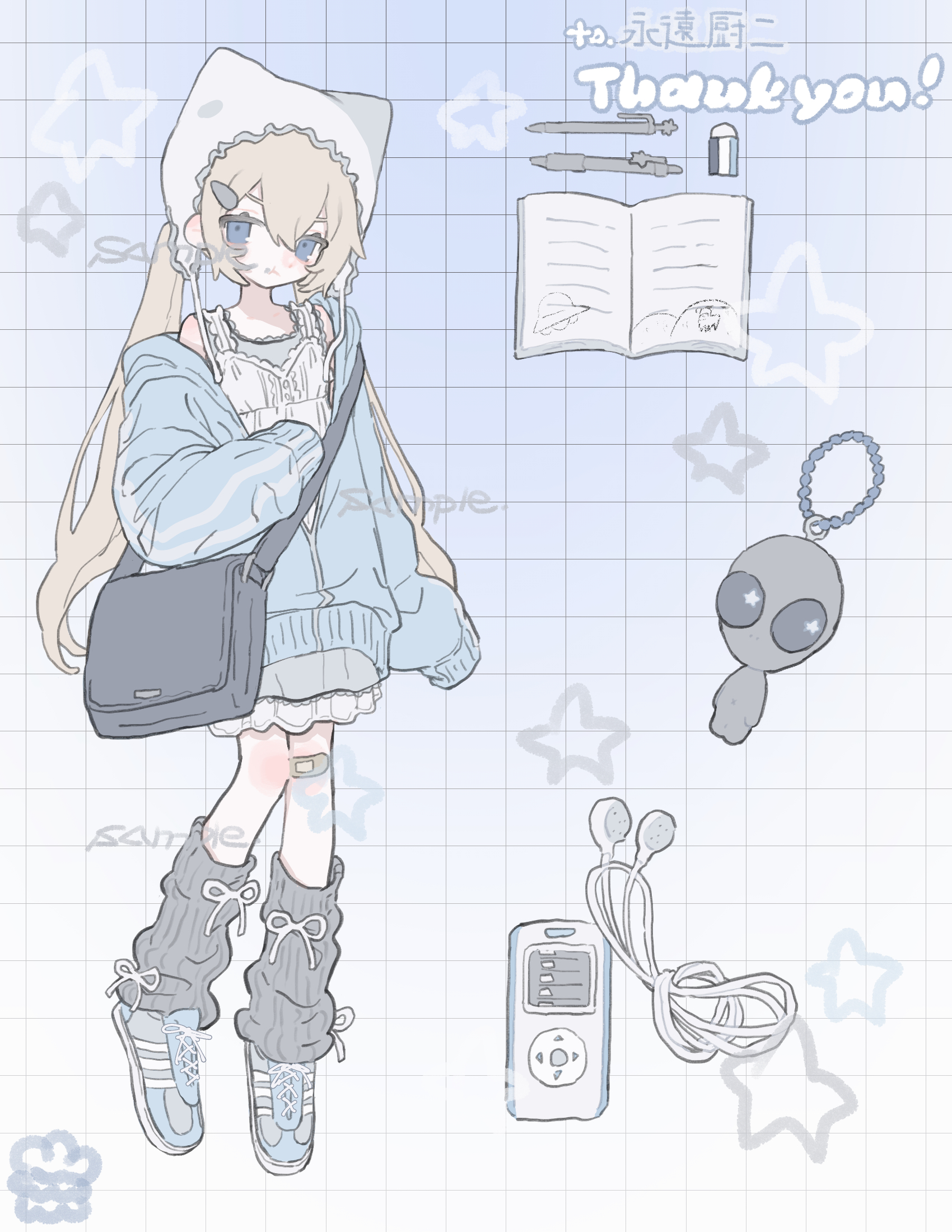 am314, original, commission, highres, skeb commission, 1girl, alien, bag, bandaid, bandaid on knee, bandaid on leg, beanie, blonde hair, blue eyes, blue jacket, charm (object), digital media player, earbuds, earflap beanie, earphones, eraser, grey leg warmers, hat, jacket, leg warmers, long hair, long sleeves, looking at viewer, notebook, off shoulder, pen, shirt, shoes, shoulder bag, sleeves past fingers, sleeves past wrists, sneakers, solo, twintails, white hat, white shirt