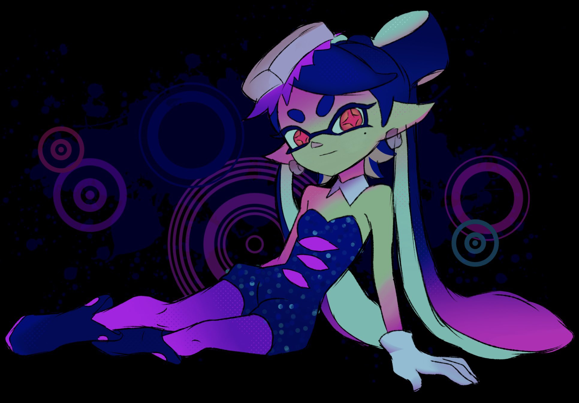 callie (splatoon), callie (squid sisters outfit) (splatoon), nintendo, splatoon (series), splatoon 1, highres, + +, 1girl, black background, black hair, detached collar, diamond-shaped pupils, diamond (shape), dress, earrings, food, food on head, glitter dress, gloves, gradient hair, hair ornament, hoop earrings, inkling, invisible chair, jewelry, long hair, looking at viewer, lying, mole, mole under eye, multicolored hair, object on head, on side, pantyhose, pointy ears, romper, short eyebrows, simple background, sitting, smile, solo, swept bangs, symbol-shaped pupils, tentacle hair, thick eyebrows, twintails, wamairii, white gloves, yellow eyes