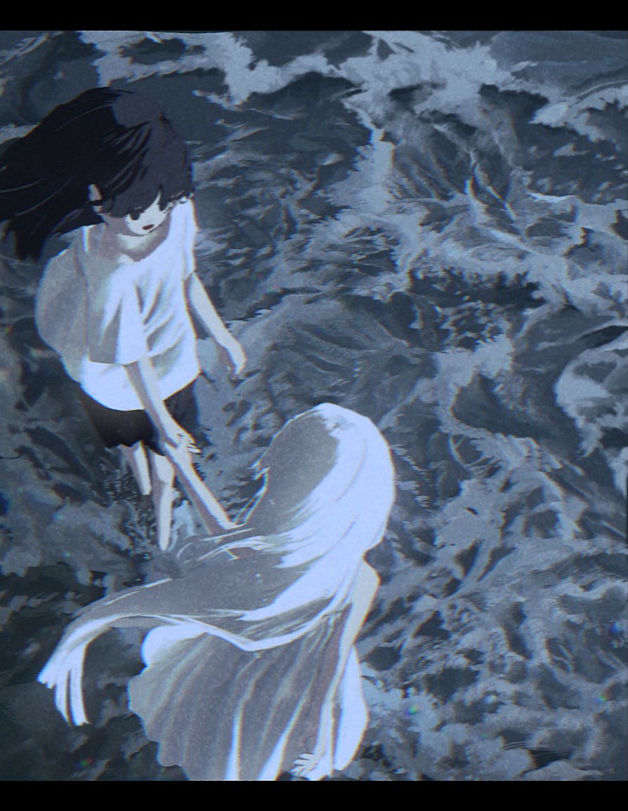 utwob0, original, 2girls, arms at sides, bare arms, barefoot, beach, black hair, black shorts, chromatic aberration, dress, film grain, floating hair, from above, holding hands, letterboxed, long hair, looking at another, multiple girls, ocean, open mouth, outdoors, shirt, short sleeves, shorts, sleeveless, sleeveless dress, standing, sundress, t-shirt, vhs artifacts, wading, water, waves, white dress, white hair, white shirt