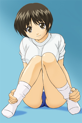sawa jaaji, lowres, brown eyes, brown hair, buruma, feet, gym uniform, short hair, socks