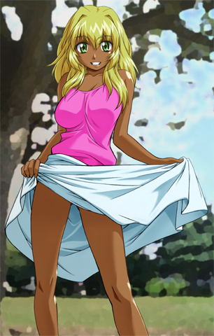 sawa jaaji, lowres, blonde hair, dark skin, green eyes, skirt, skirt lift