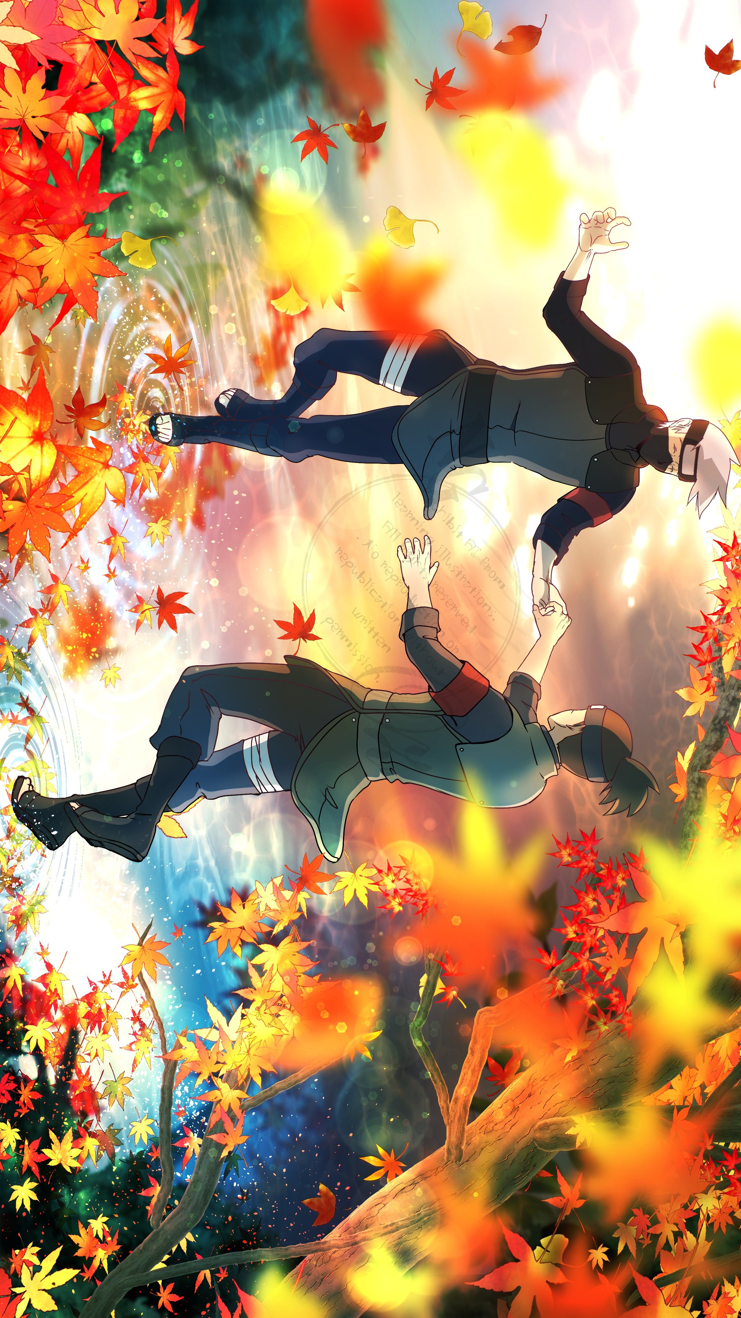 hatake kakashi, umino iruka, naruto (series), absurdres, highres, 2boys, armband, bandaged leg, bandages, black boots, black mask, black pants, black shirt, blurry, blurry foreground, boots, brown hair, closed eyes, falling leaves, full body, green vest, grey hair, holding hands, leaf, male focus, mask, medium hair, mouth mask, multiple boys, open-toe boots, outdoors, pants, ponytail, red armband, shirt, short hair, smile, standing, standing on liquid, t04 skyhigh, vest, yaoi