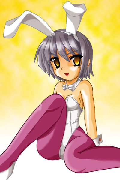 nagato yuki, suzumiya haruhi no yuuutsu, 00s, animal ears, fake animal ears, leotard, lipstick, makeup, pantyhose, playboy bunny, rabbit ears, solo