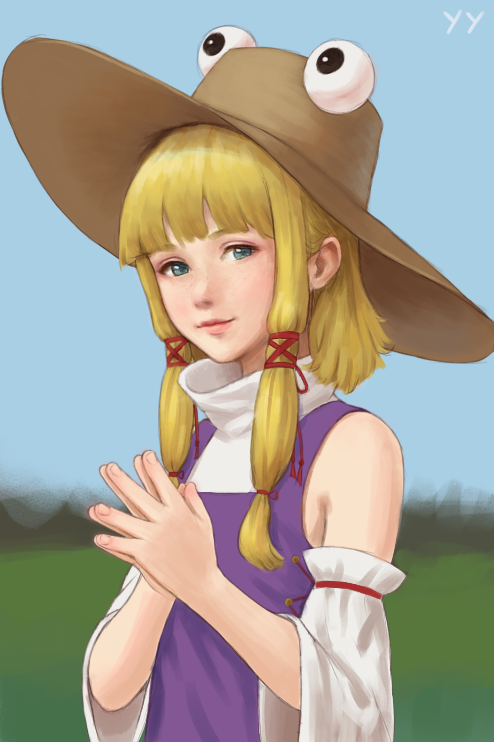 yyf (seaknight), moriya suwako, touhou, highres, self-upload, 1girl, bare shoulders, blonde hair, blue eyes, blunt bangs, closed mouth, day, detached sleeves, flat chest, freckles, hair behind ear, hair ribbon, hands up, hat, light smile, lips, looking at viewer, nose, outdoors, own hands together, palms together, purple vest, red ribbon, ribbon, short hair with long locks, sidelocks, solo, turtleneck, upper body, vest