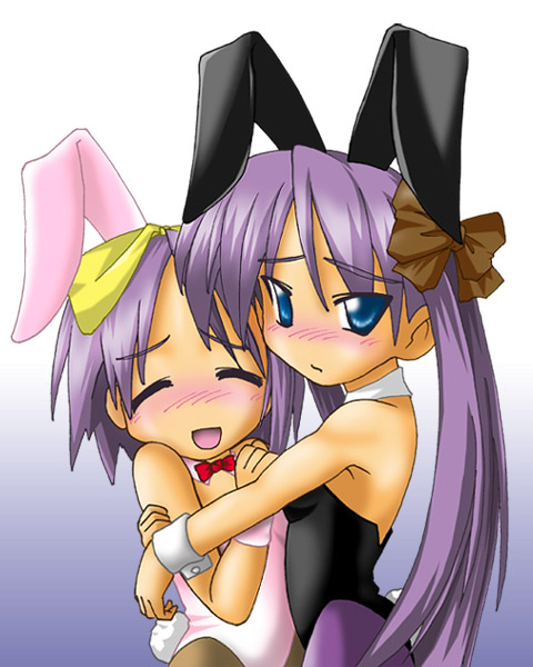 hiiragi kagami, hiiragi tsukasa, lucky star, 00s, 2girls, = =, animal ears, blue eyes, blush, closed eyes, fake animal ears, hair ribbon, hairband, hug, long hair, multiple girls, pantyhose, playboy bunny, purple hair, rabbit ears, ribbon, short hair, siblings, sisters, twins, twintails