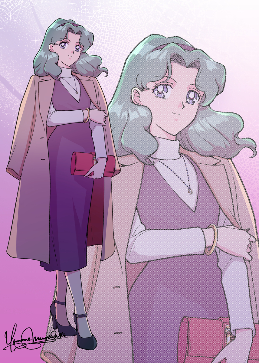 dj jdite, kaiou michiru, bishoujo senshi sailor moon, commentary, highres, alternate costume, black shoes, blue dress, blue eyes, bracelet, closed mouth, coat, coat on shoulders, dress, full body, gradient background, green hair, hairband, high heels, holding own arm, jewelry, light smile, long hair, long sleeves, looking at viewer, necklace, open clothes, open coat, parted hair, pink background, shirt, shoes, signature, smile, standing, turtleneck, turtleneck shirt, wavy hair