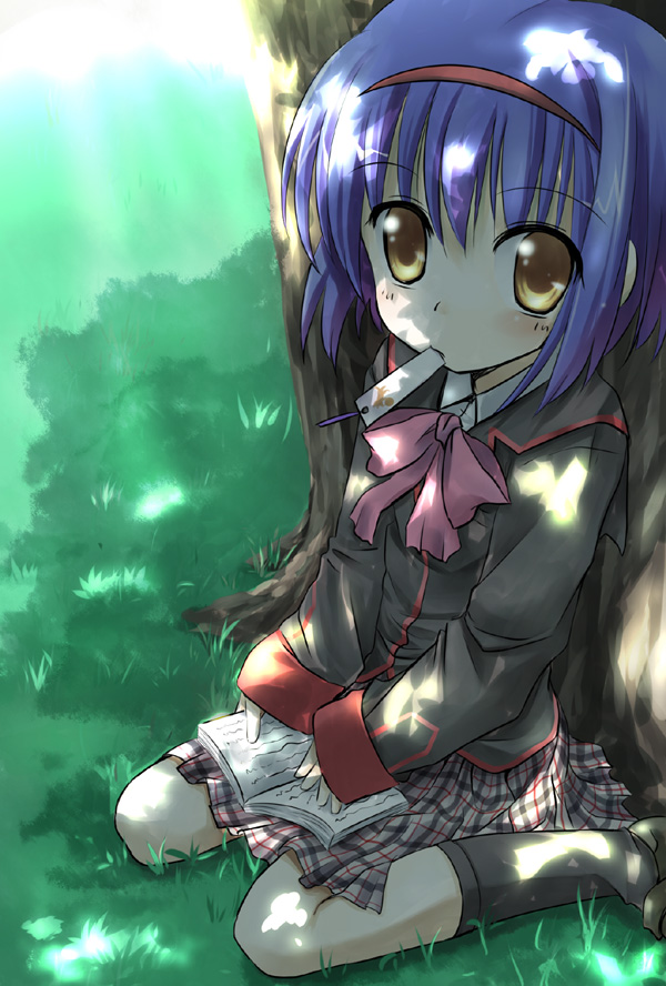 yugi (magical-dreamer), yuugiri (u-slash), nishizono mio, little busters!, plaid, 1girl, against tree, blazer, blue hair, blush, book, bookmark, bow, female focus, grass, hairband, jacket, kneehighs, mouth hold, nature, outdoors, pink bow, school uniform, short hair, sitting, skirt, socks, solo, tree, yellow eyes