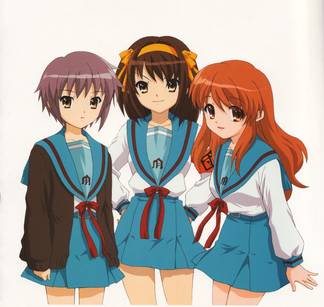 asahina mikuru, nagato yuki, suzumiya haruhi, suzumiya haruhi no yuuutsu, 00s, 3girls, blue skirt, brown hair, hairband, long hair, long sleeves, looking at viewer, multiple girls, no eyewear, orange hair, pleated skirt, purple hair, sailor collar, school uniform, serafuku, shirt, short hair, simple background, skirt, very long hair, wavy mouth, white background, white shirt