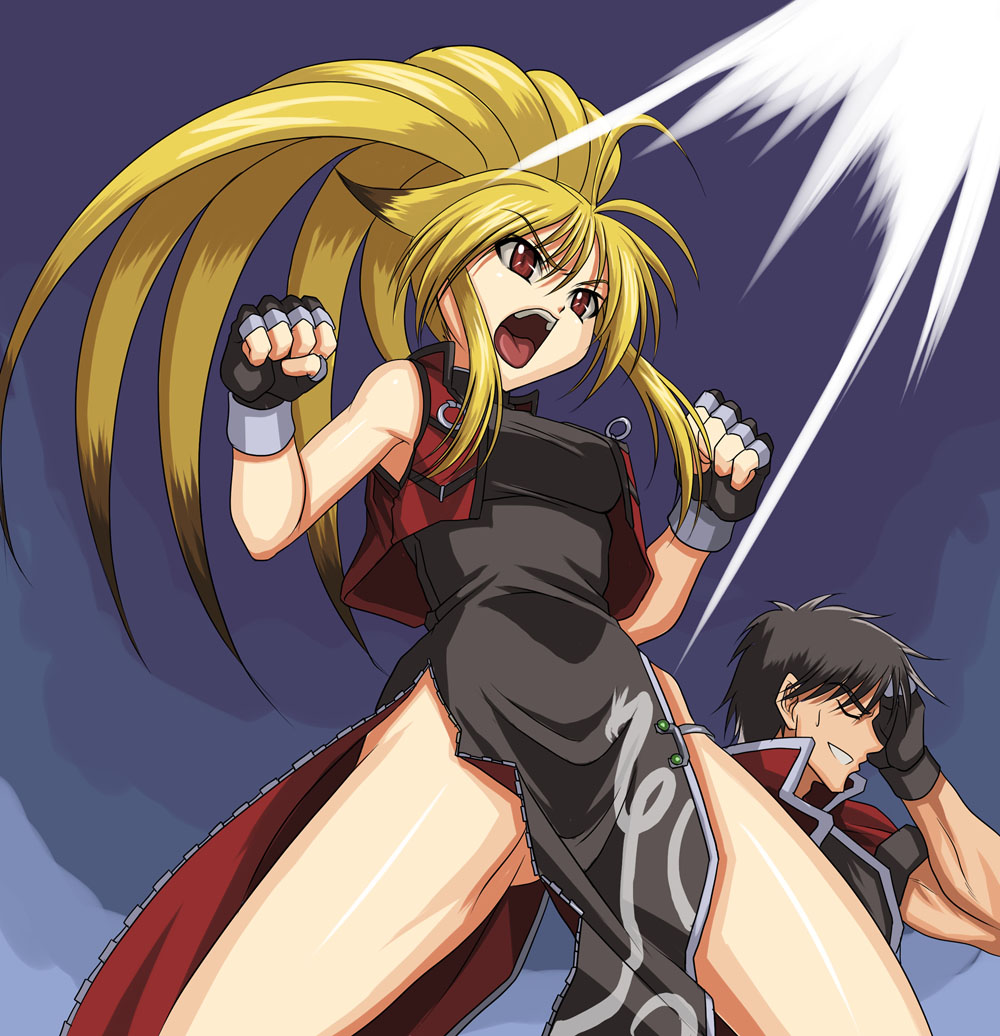 syunzou, arisu reiji, xiaomu, banpresto, capcom, namco, namco x capcom, super robot wars, super robot wars og saga mugen no frontier, 1boy, 1girl, animal ears, blonde hair, china dress, chinese clothes, dress, facepalm, fingerless gloves, gloves, no panties, pelvic curtain, red eyes, shaomu