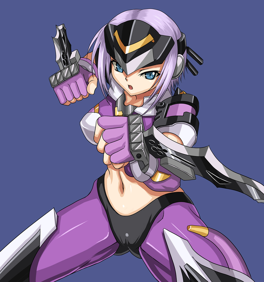 syunzou, kaldia basirissa, banpresto, super robot wars, super robot wars og saga mugen no frontier, blade, purple legwear, 1girl, android, arm blade, blue eyes, bodysuit, cameltoe, clenched hand, clenched hands, female focus, fingerless gloves, gloves, midriff, navel, pink hair, purple gloves, purple hair, short hair, solo, weapon
