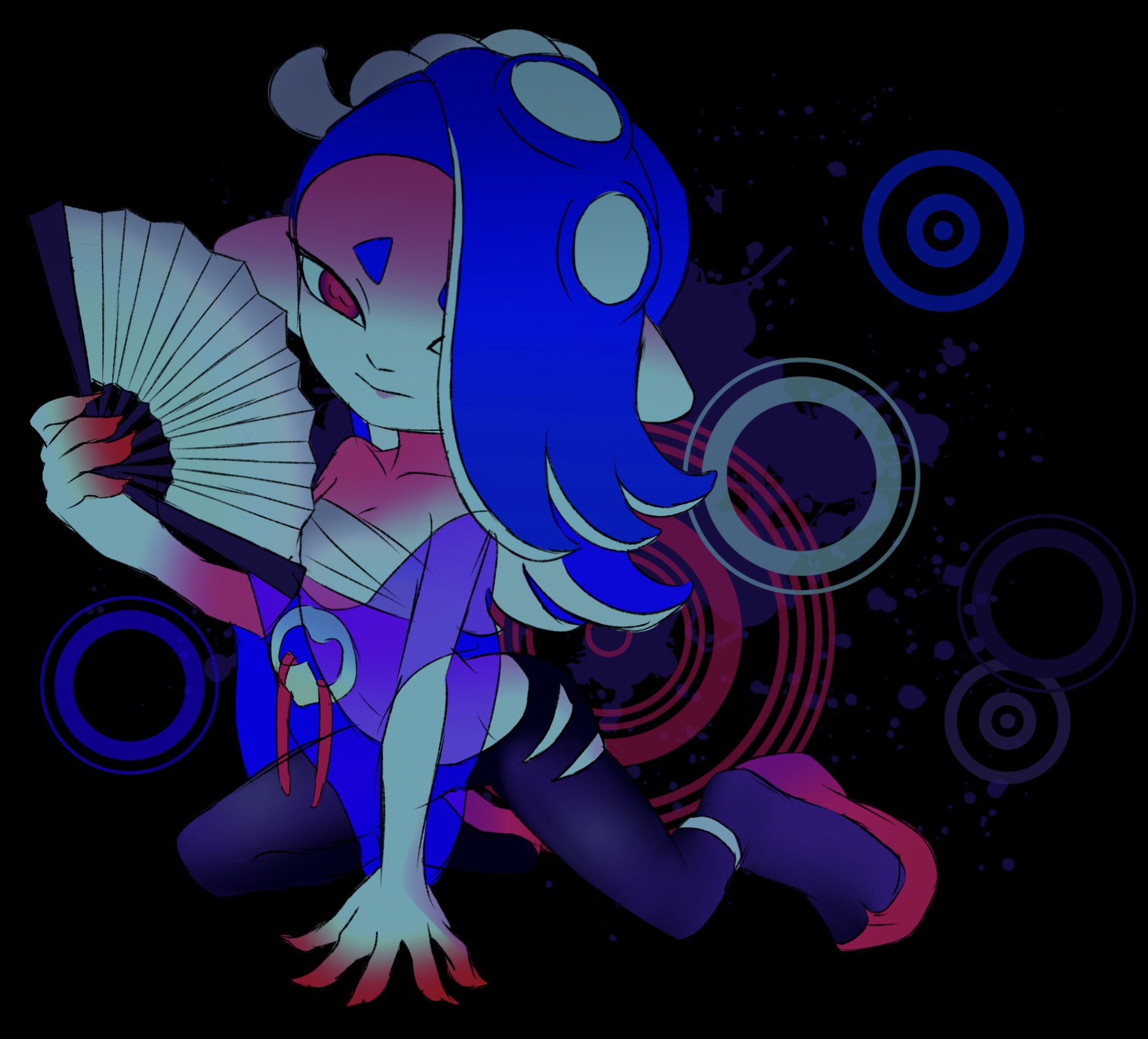 shiver (deep cut outfit) (splatoon), shiver (splatoon), nintendo, splatoon (series), splatoon 3, highres, 1girl, bare shoulders, black background, blue hair, blue shawl, boots, cephalopod eyes, chest sarashi, circle, closed mouth, full body, hair over one eye, hand fan, holding, holding fan, invisible chair, kneeling, leggings, long hair, looking at viewer, midriff, octoling, pointy ears, red eyes, sarashi, see-through clothes, see-through shawl, shawl, shirt, short eyebrows, simple background, sitting, smile, solo, spread legs, tabi, tassel, tentacle hair, thick eyebrows, torn clothes, wamairii, wedge heels