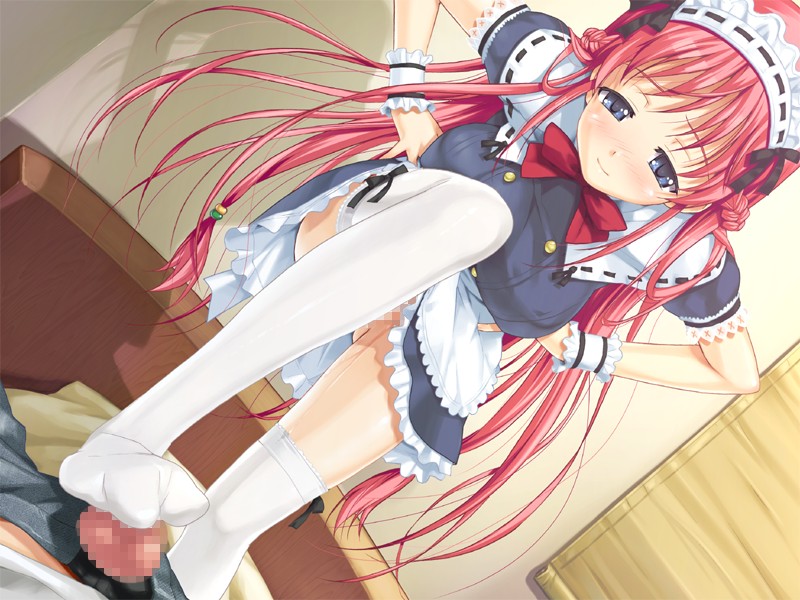 happoubi jin, orifushi akina, shiki haruomi, kanojo x kanojo x kanojo, game cg, 1boy, 1girl, blue eyes, braid, breasts, censored, clothed female nude male, dutch angle, feet, footjob, footjob with legwear, hands on own hips, hetero, large breasts, long hair, maid, mosaic censoring, nude, penis, pink hair, pussy juice, ribbon, smile, thighhighs